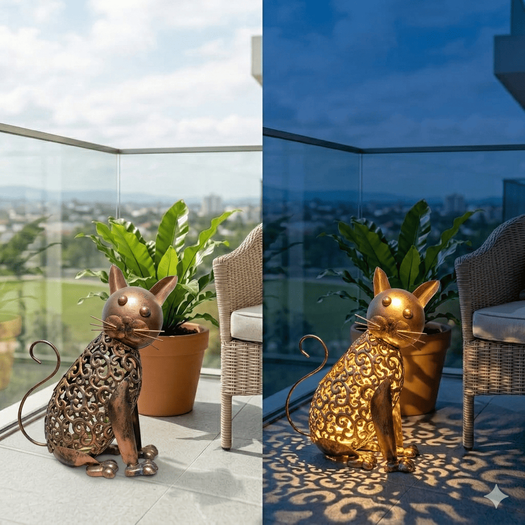 Lampara Solar Decorativa Gato Metal Vintage Exterior-1