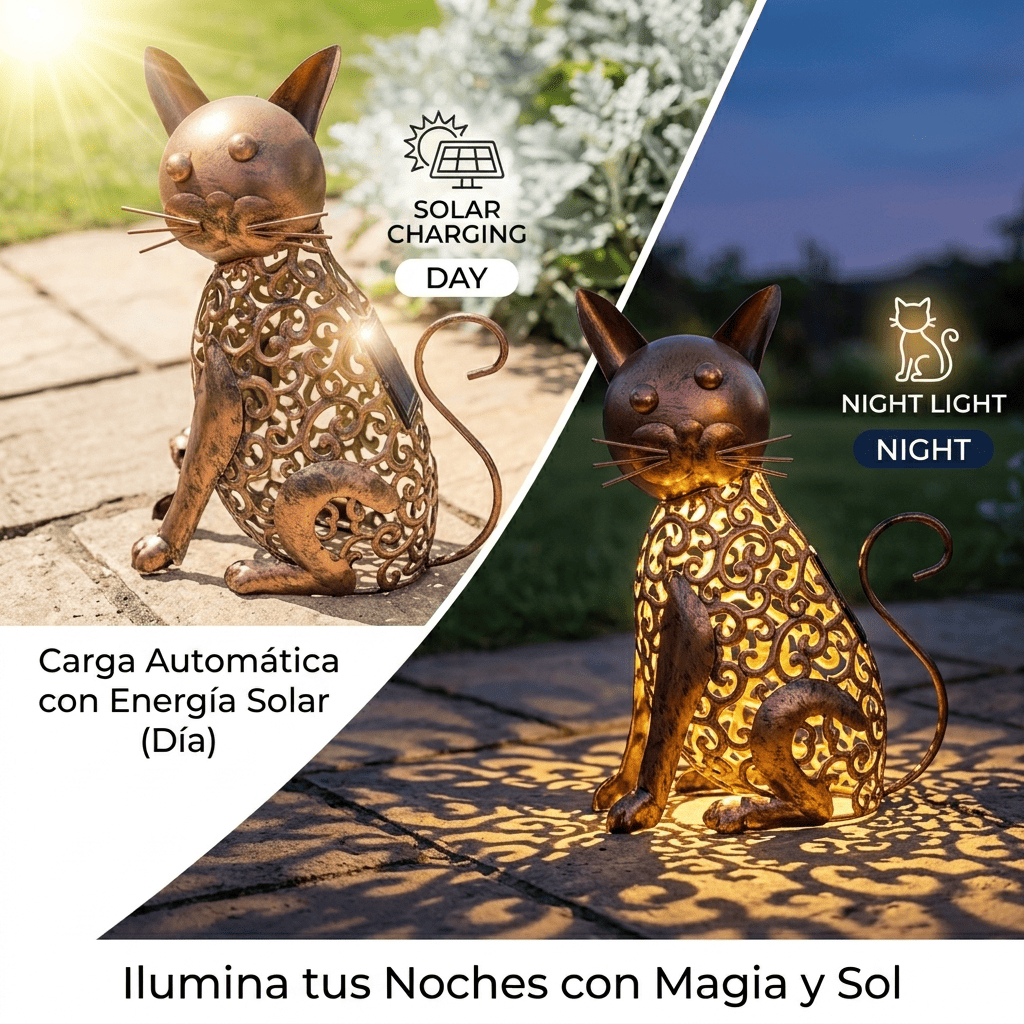 Lampara Solar Decorativa Gato Metal Vintage Exterior-3