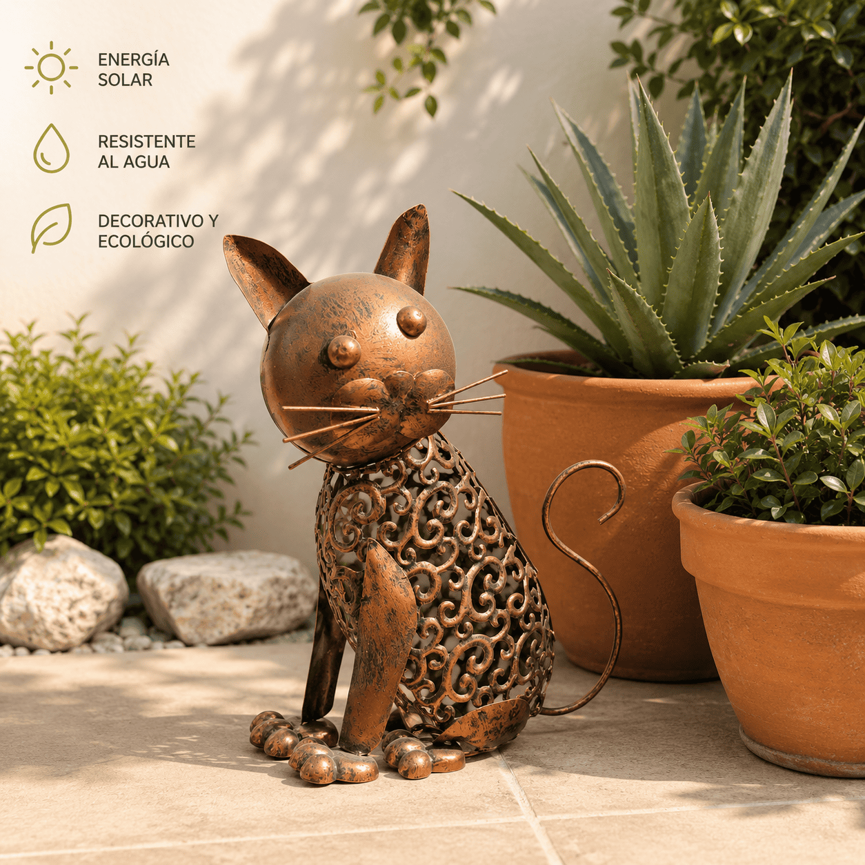 Lampara Solar Decorativa Gato Metal Vintage Exterior-7