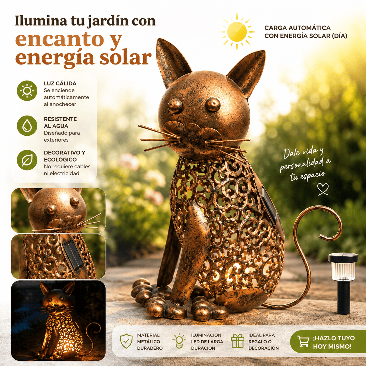 Lampara Solar Decorativa Gato Metal Vintage Exterior-9