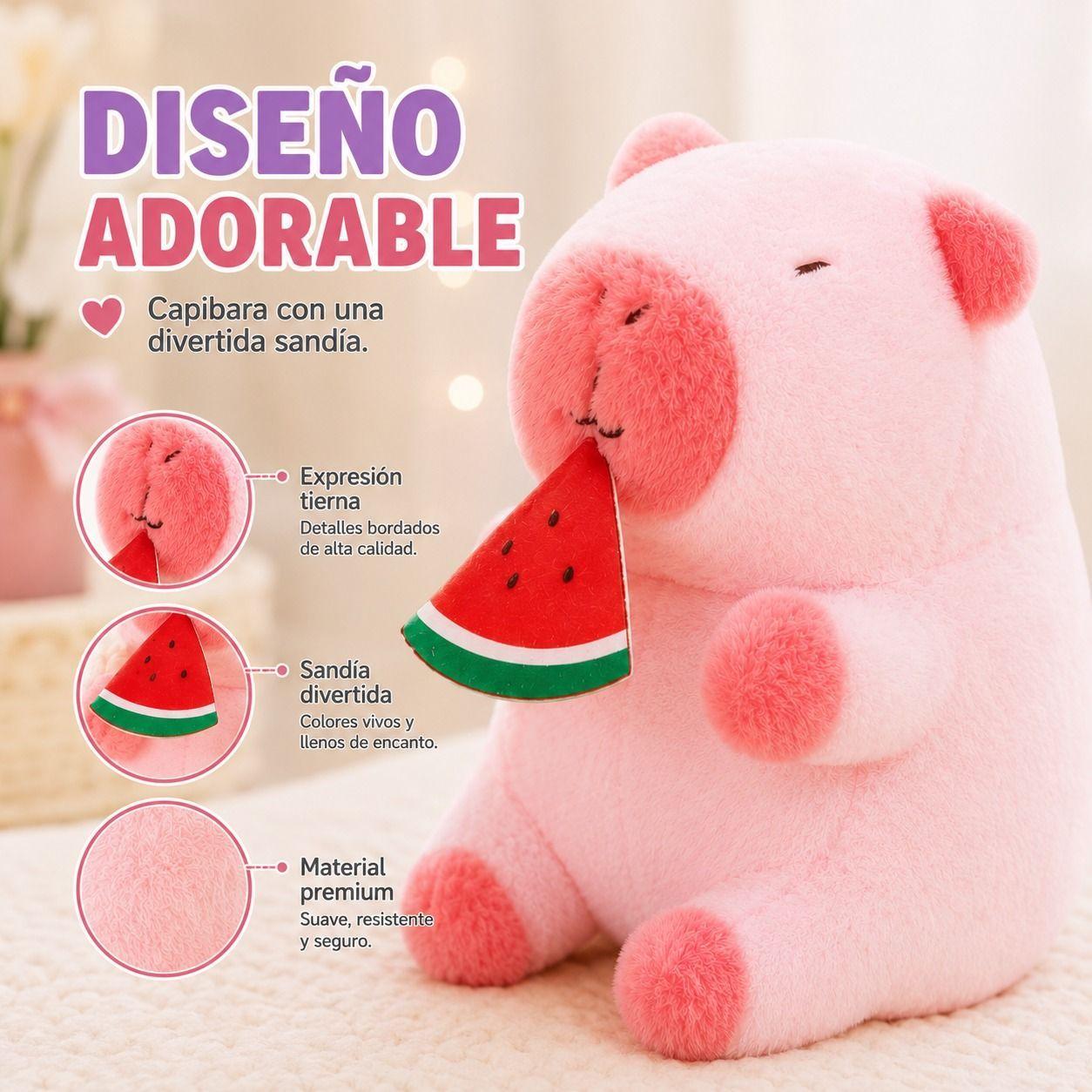 Peluche Capibara Rosado con Sandia de 23 cm Ternura Suavidad y Diseno Exclusivo-6