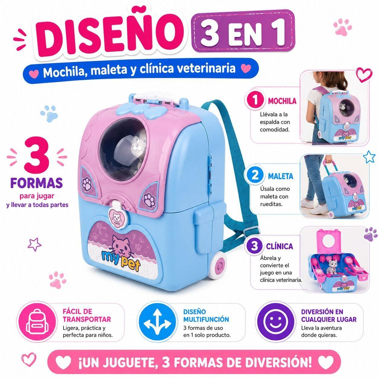 Mochila Veterinaria Infantil 3 en 1 Diversion Creativa Estimulacion Linguistica y Portabilidad-7