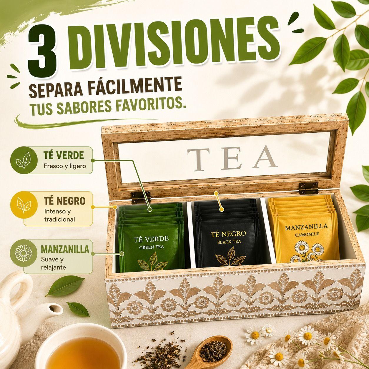 Organizador de Te de Madera Vintage con Tapa de Vidrio 3 Divisiones-2