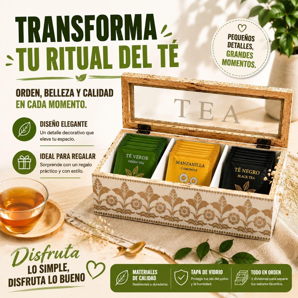 Organizador de Te de Madera Vintage con Tapa de Vidrio 3 Divisiones-3