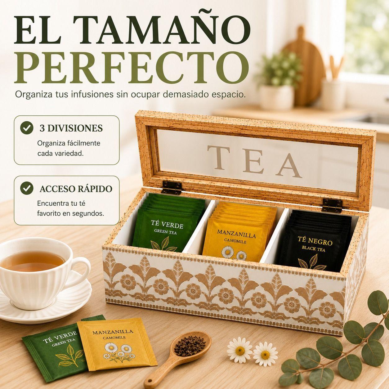 Organizador de Te de Madera Vintage con Tapa de Vidrio 3 Divisiones-4