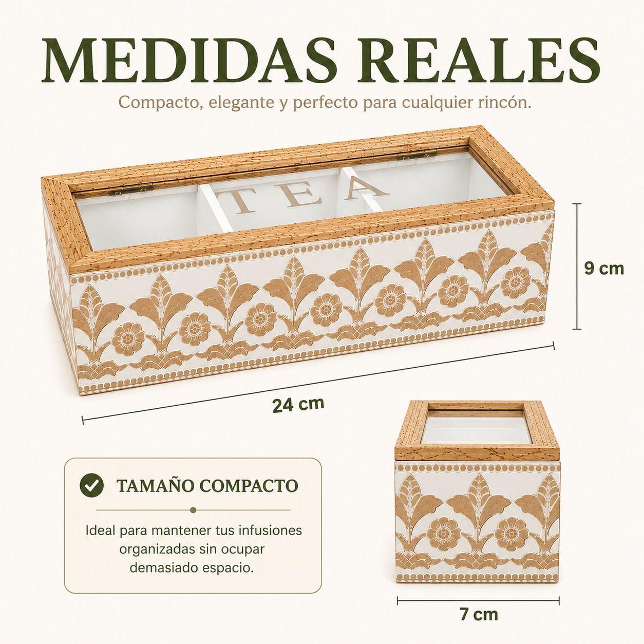 Organizador de Te de Madera Vintage con Tapa de Vidrio 3 Divisiones-5