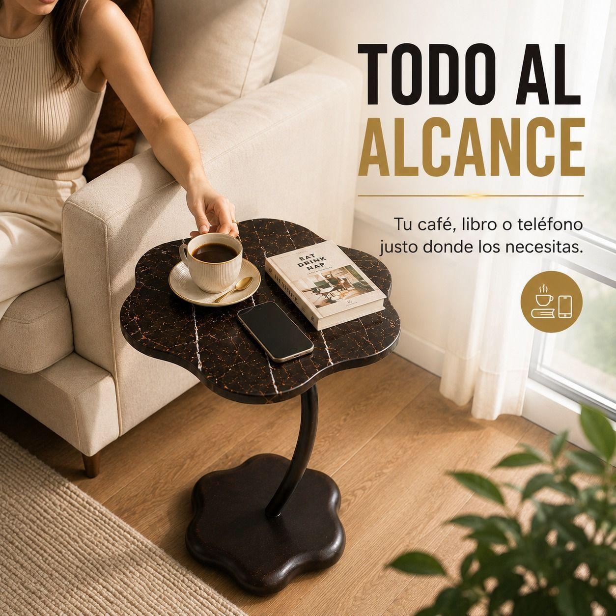 Mesa Arrimo Lateral Auxiliar Flor Marmol Cafe Sillon Sofa 60 Cm-3