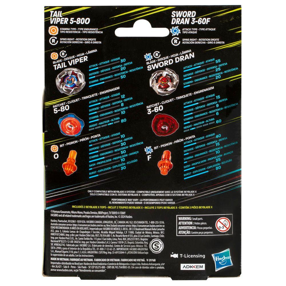 Trompo Beyblade X Tail Viper 5-80O y Sword Dran 3-60F-3