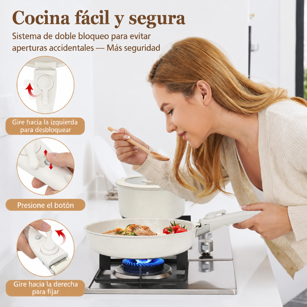 Batería de Cocina  Cerámica Blanca Antiadherente 15 PZS  Mango extraible-3