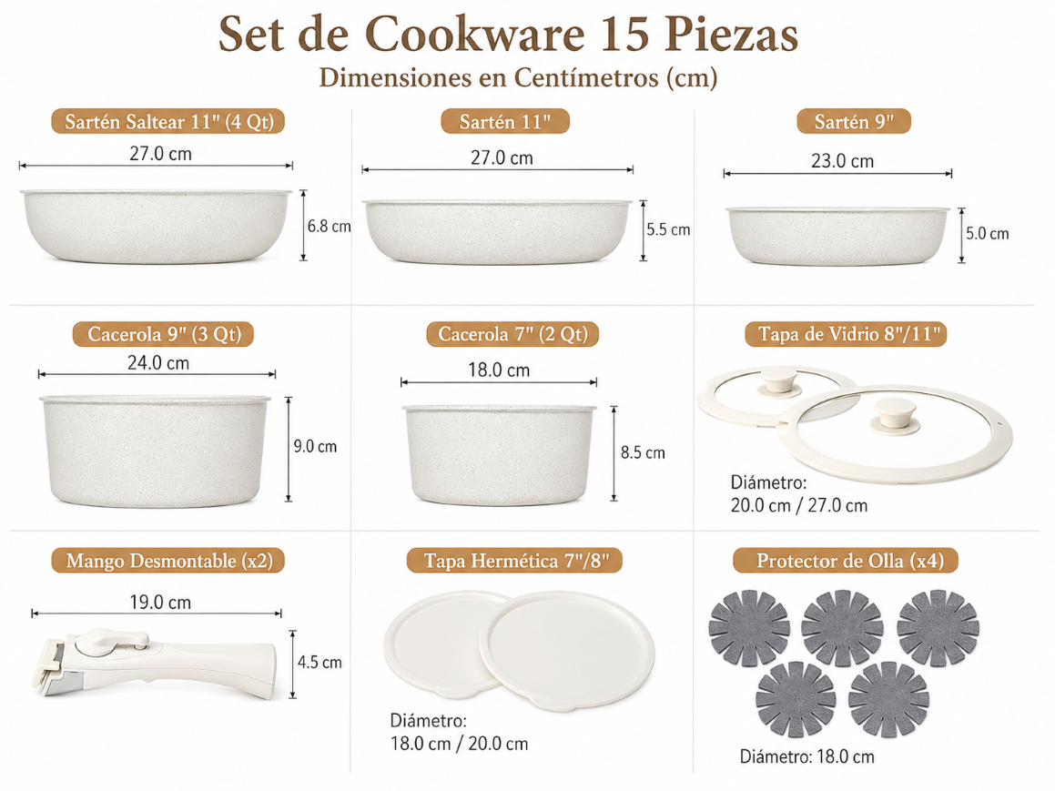 Batería de Cocina  Cerámica Blanca Antiadherente 15 PZS  Mango extraible-5