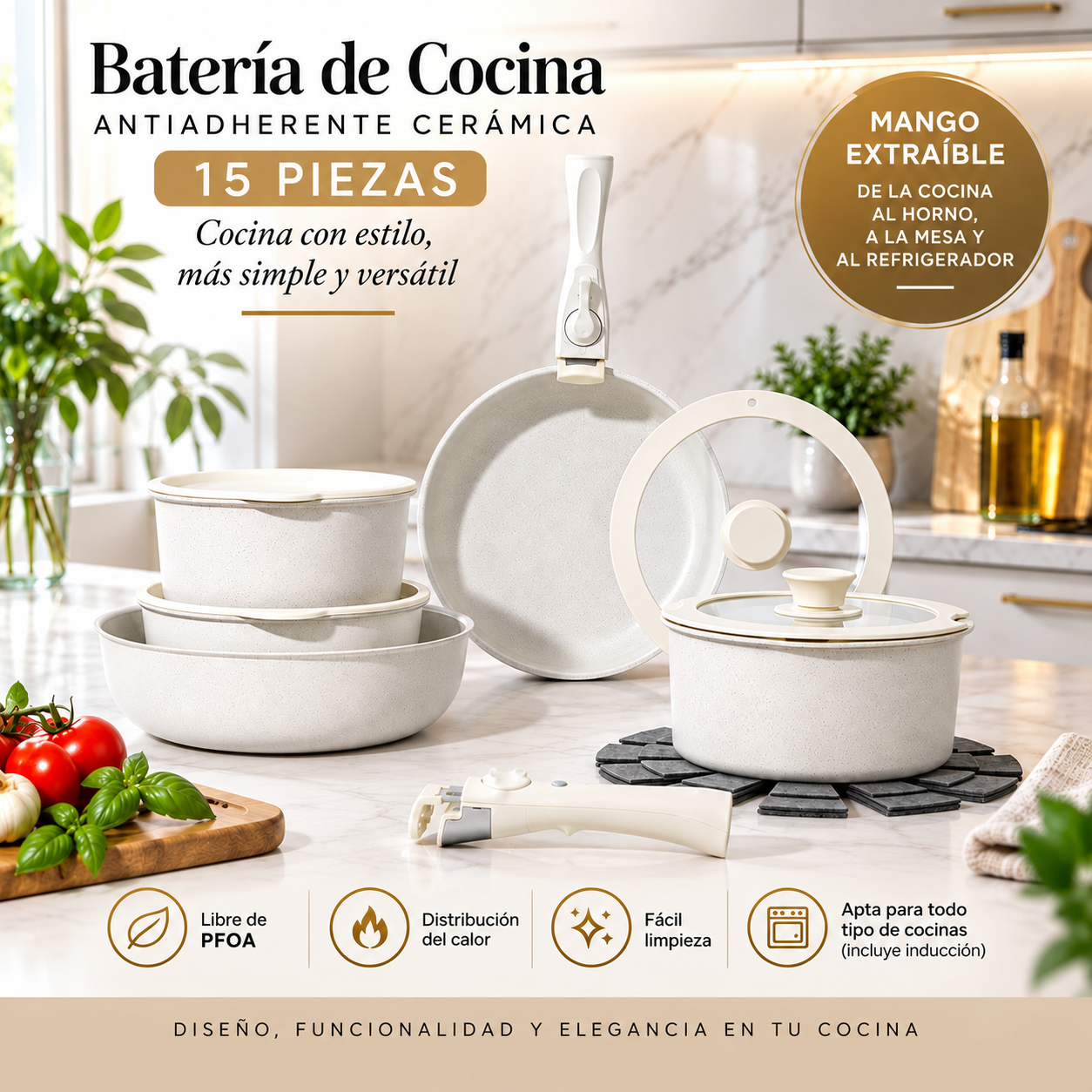 Batería de Cocina  Cerámica Blanca Antiadherente 15 PZS  Mango extraible-6