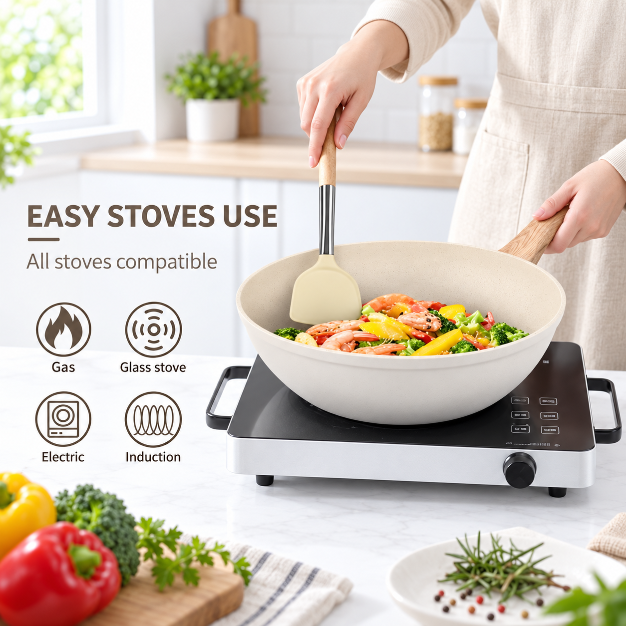 Batería de Cocina , 12 PZS Revestimiento Ceramico tipo Granito Blanco -6