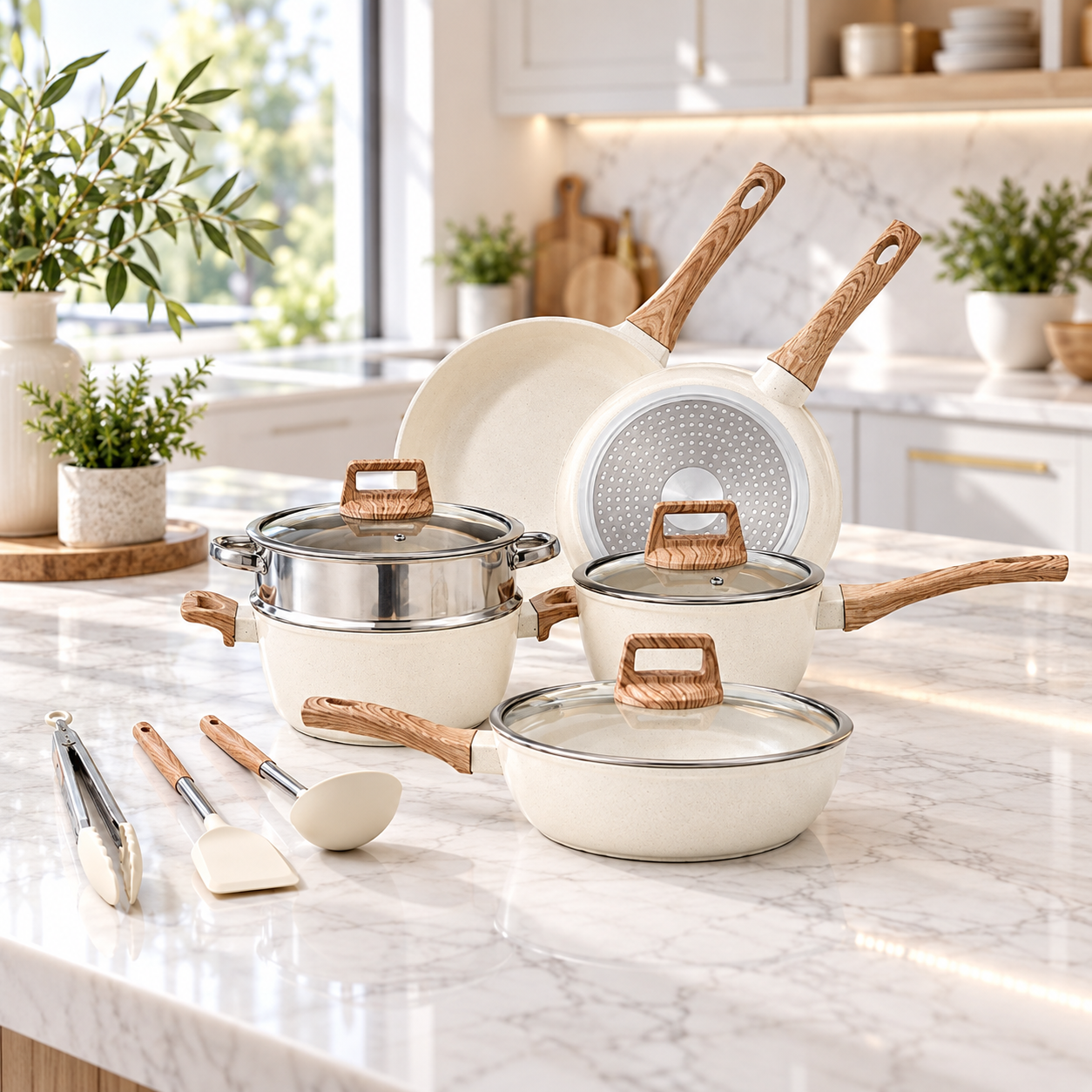 Batería de Cocina , 12 PZS Revestimiento Ceramico tipo Granito Blanco -7