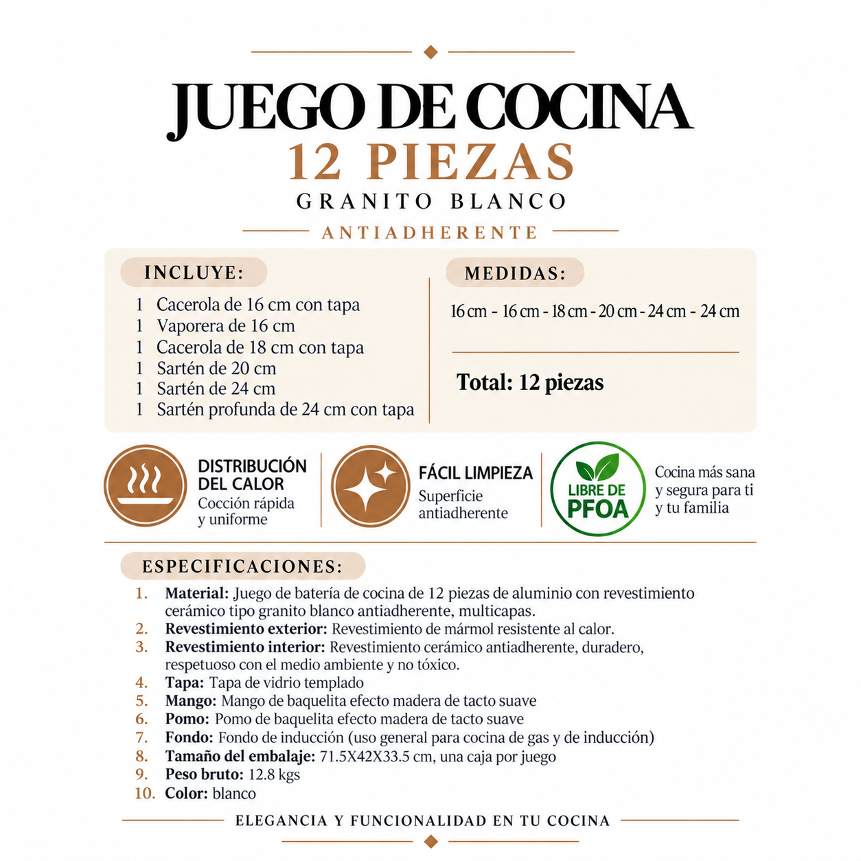 Batería de Cocina , 12 PZS Revestimiento Ceramico tipo Granito Blanco -9