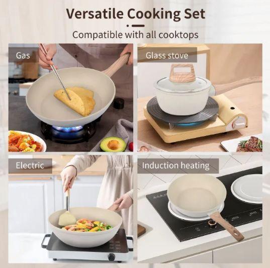 Batería de Cocina , 12 PZS Revestimiento Ceramico tipo Granito Blanco -5