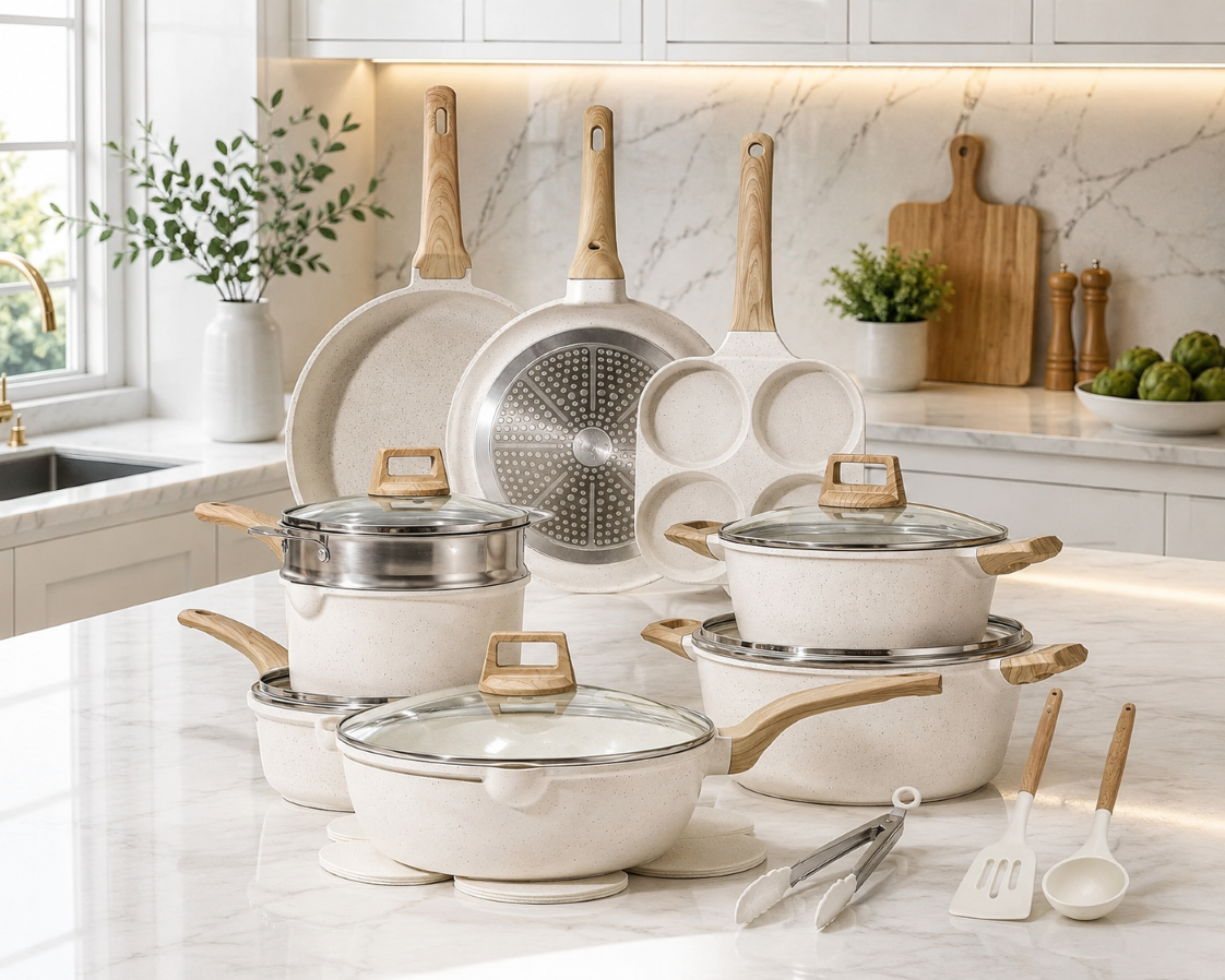  Batería de Cocina , 21 PZS ,Revestimiento tipo Granito  Blanco antiadherente-2