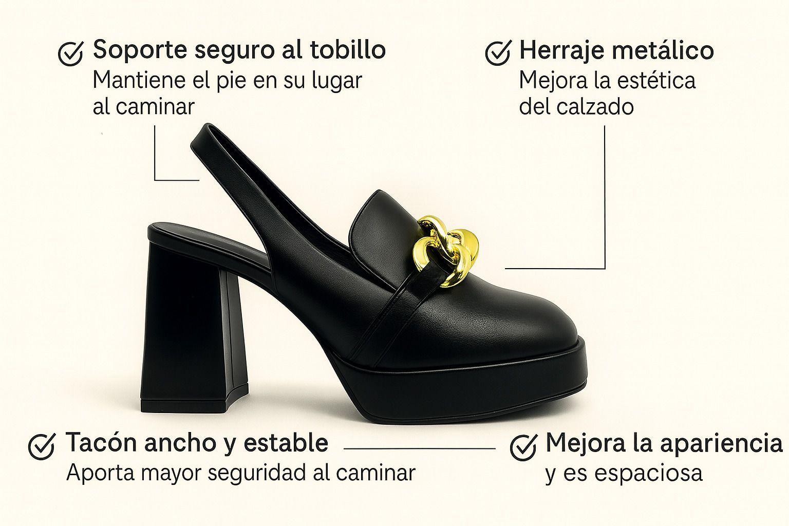 Tacos Mujer Plataforma Negro Taco Ancho Cadena Dorada-2