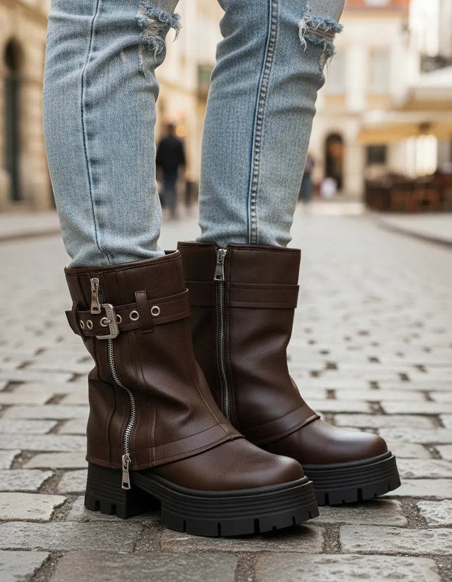 Bota Mujer Plataforma Marrón Caña Media Cierre Hebilla-4