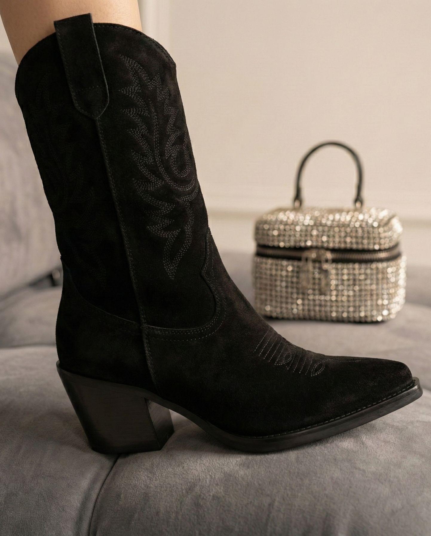 Bota Mujer Texana Taco Medio Gamuza Negra Texano Original-4