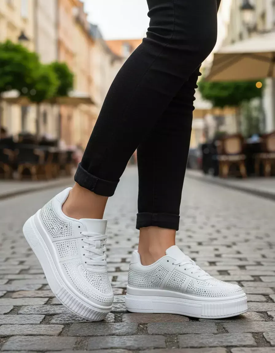 Zapatillas Mujer Plataforma Blanca Brillos Urbana Elegante-1