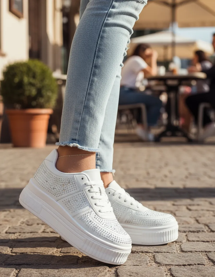 Zapatillas Mujer Plataforma Blanca Brillos Urbana Elegante-3