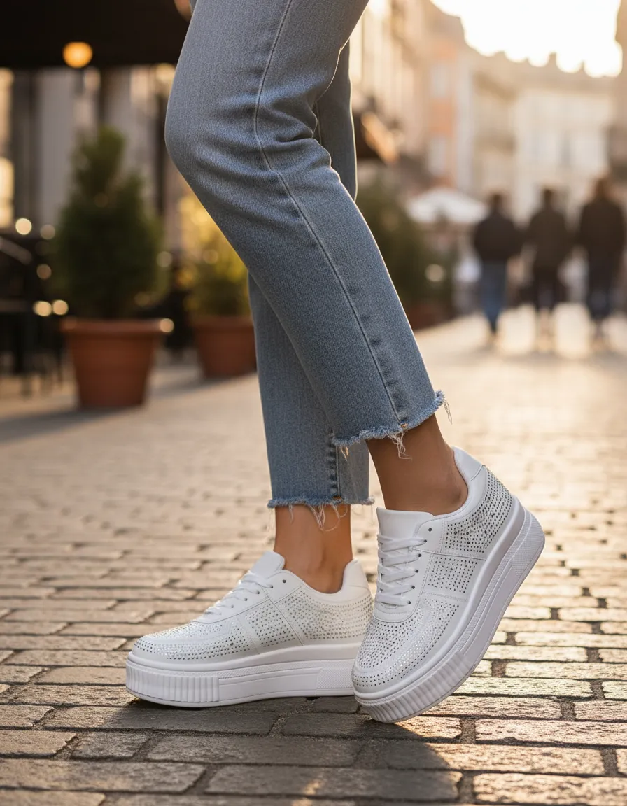 Zapatillas Mujer Plataforma Blanca Brillos Urbana Elegante-5