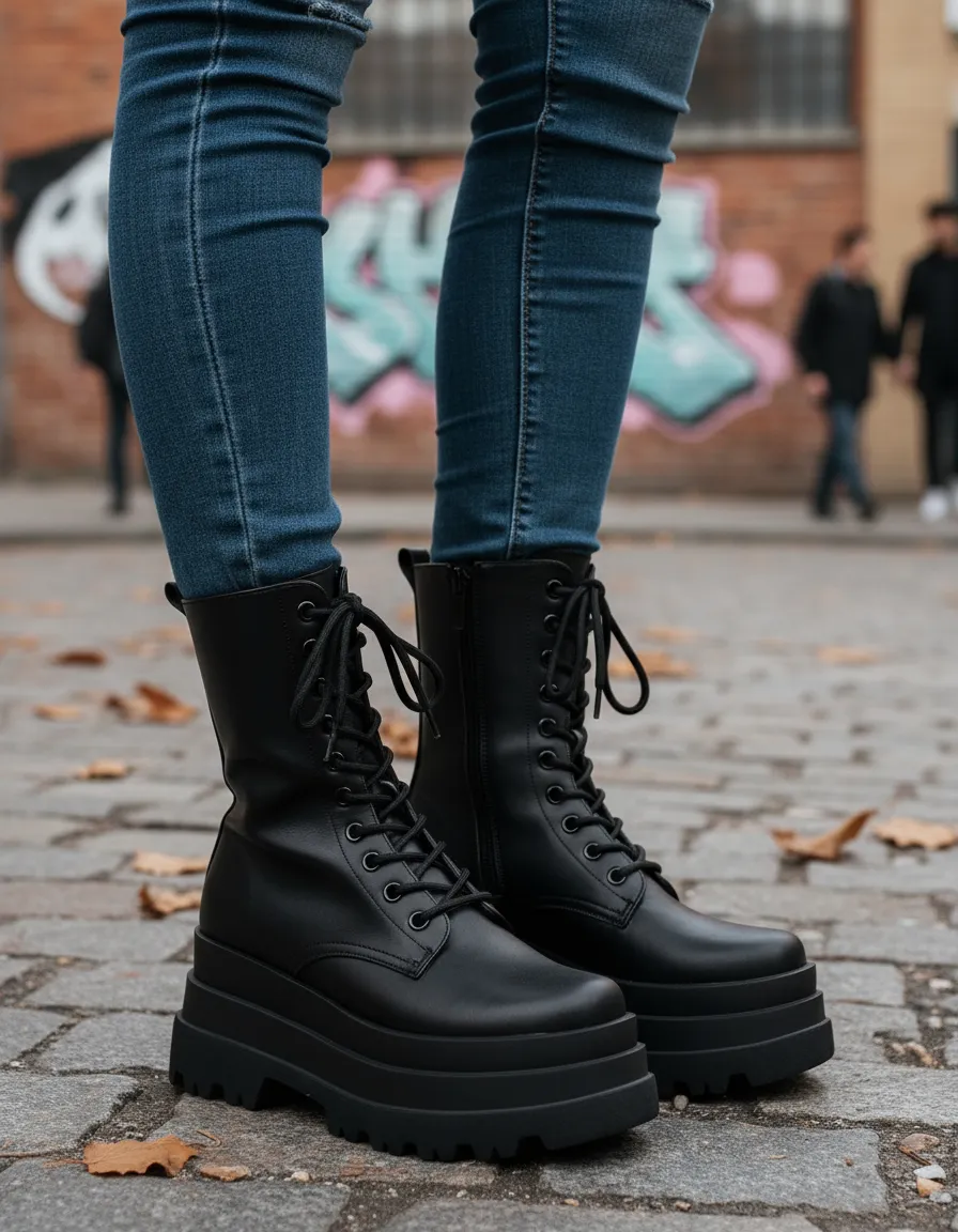 Bota Mujer Plataforma Alta Negra Caña Media Acordonada-3