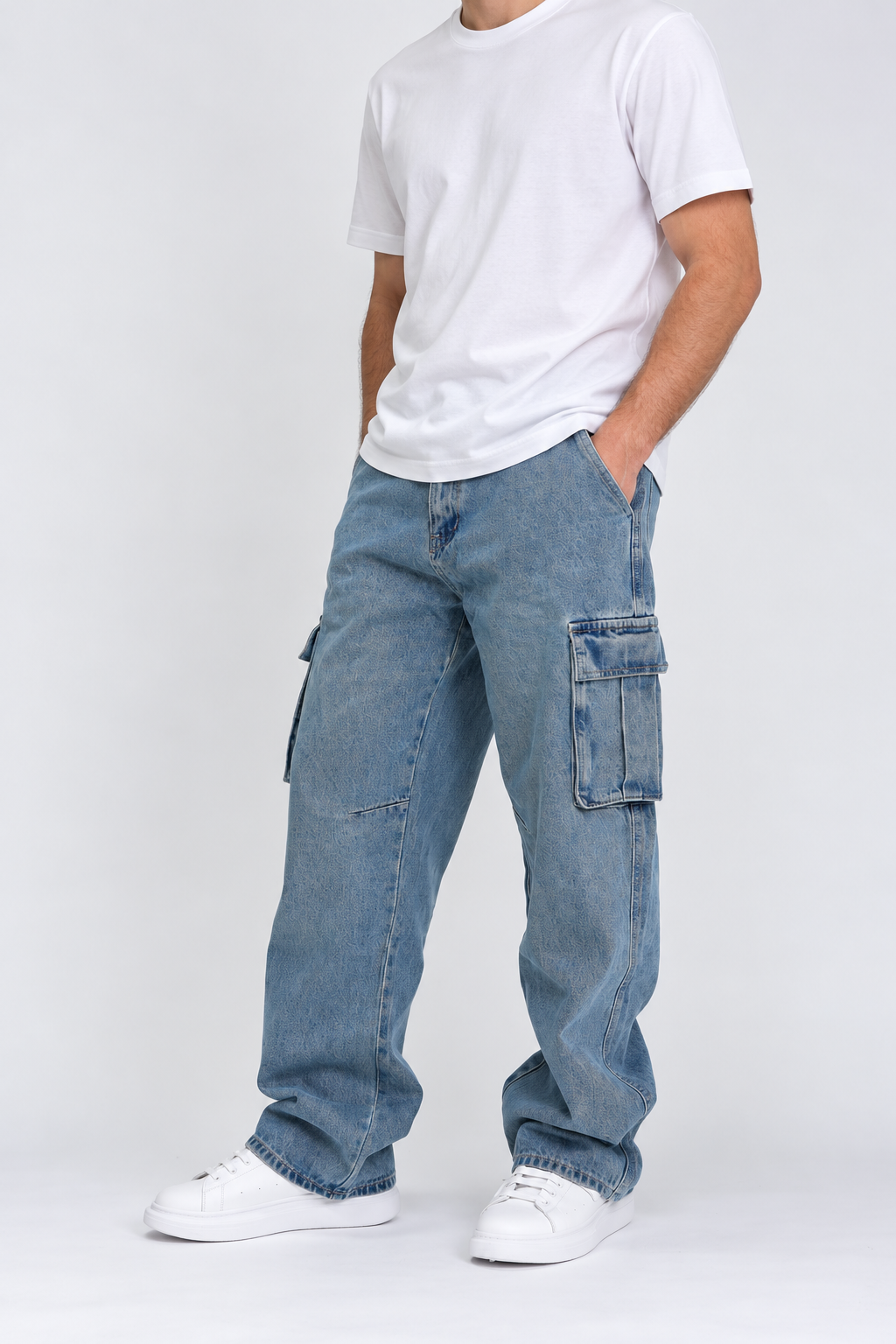 Jeans Hombre Baggy Cargo Tela Rigida Celeste-2