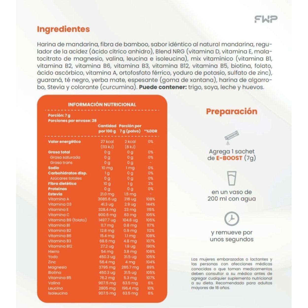 E-boost Energizante Natural Sabor Mandarina 0% Azúcar FWP-2
