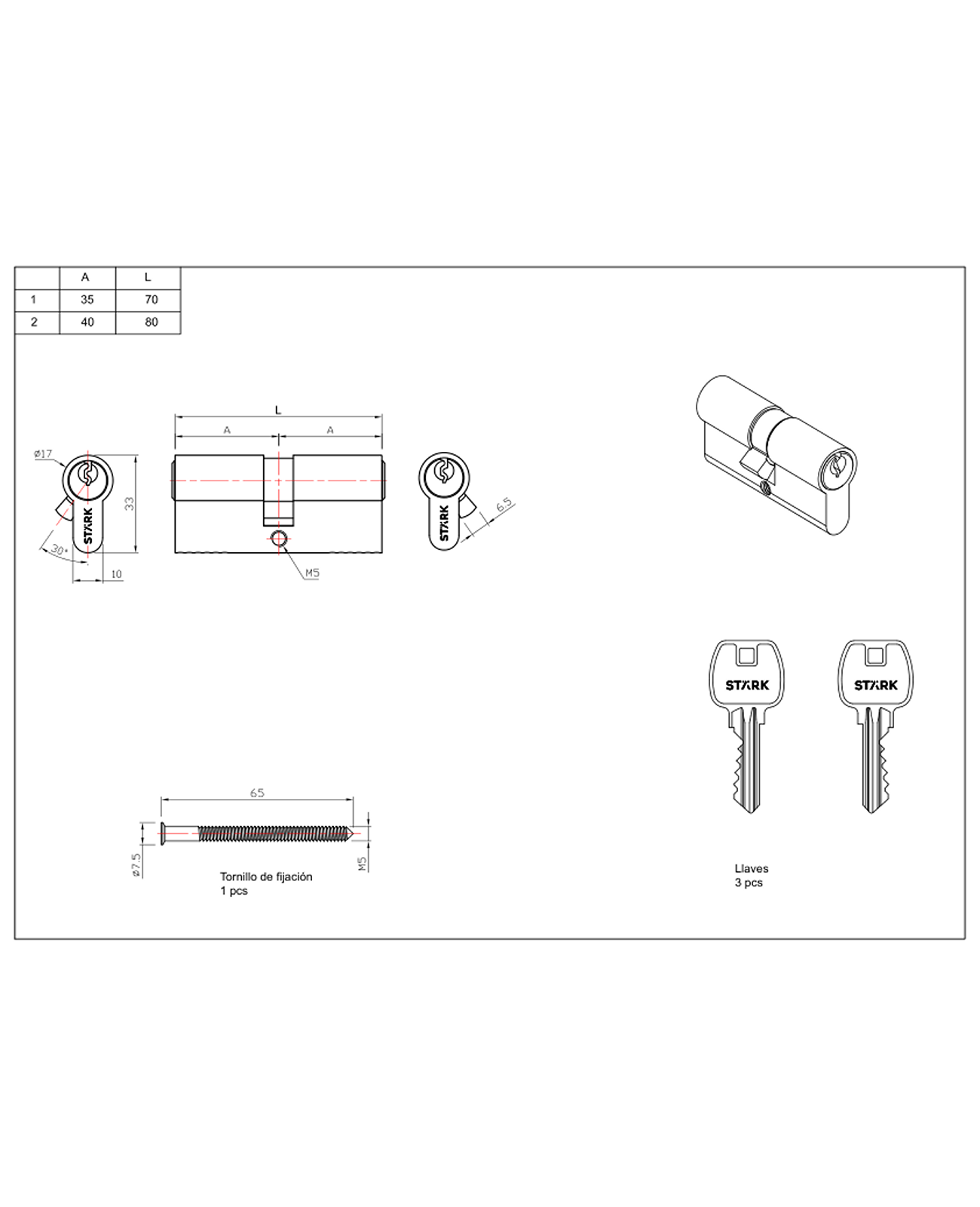 Cilindro 80 mm llave/llave níquel satinado-1