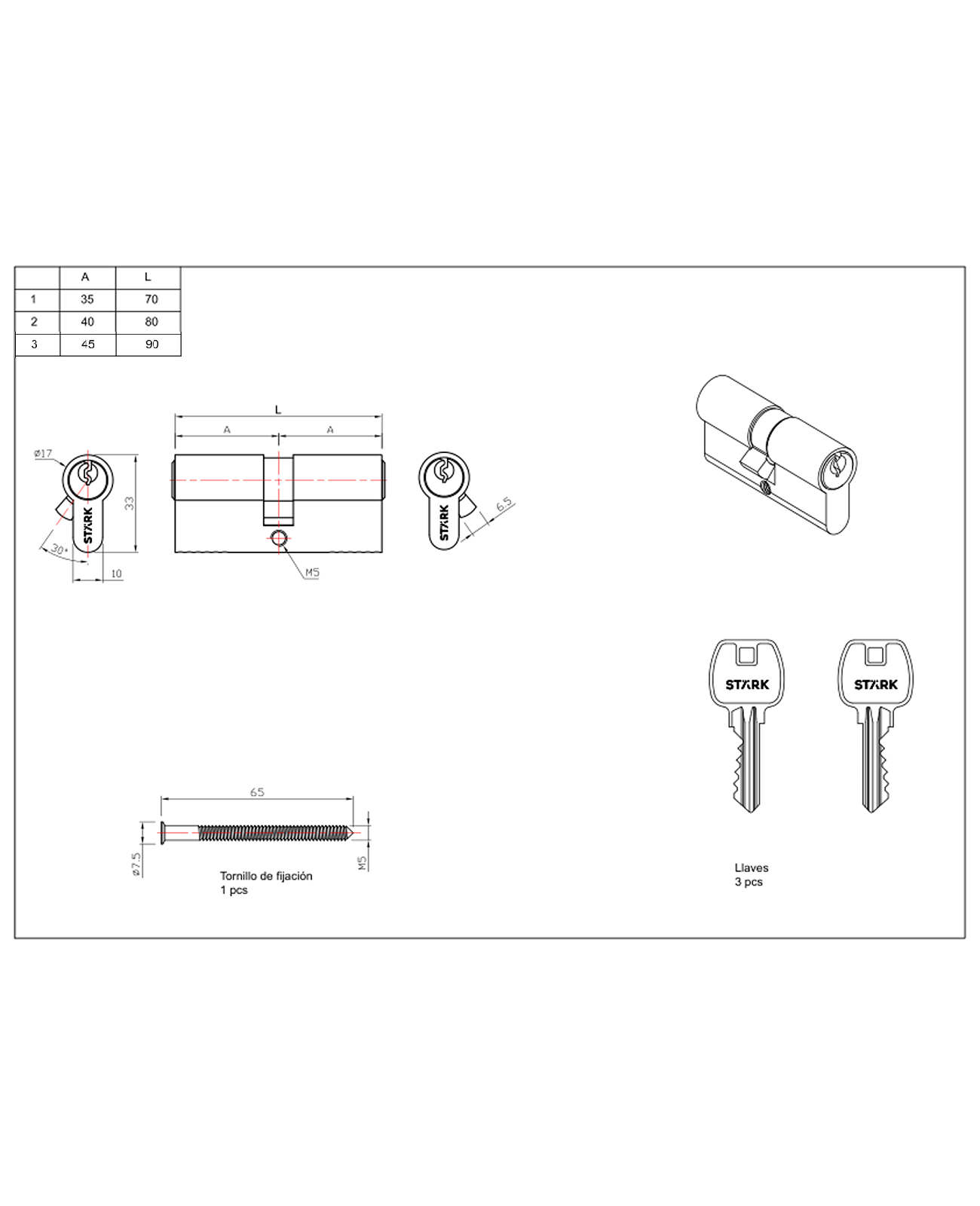 Cilindro 90 mm llave/llave centrado. (Negro mate)-1