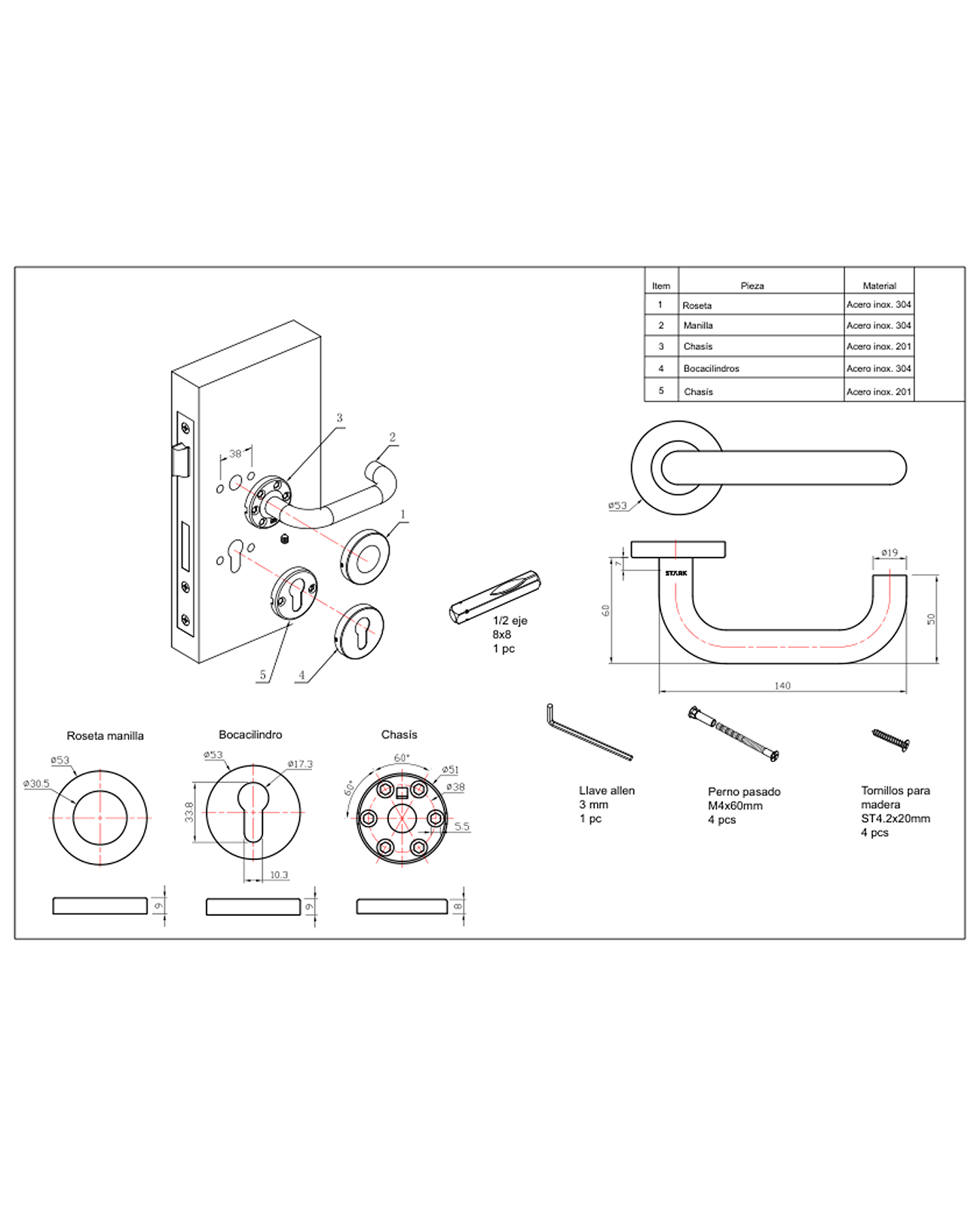 Cerradura de embutir acceso Principal llave ambos lados. Acero inoxidable-2