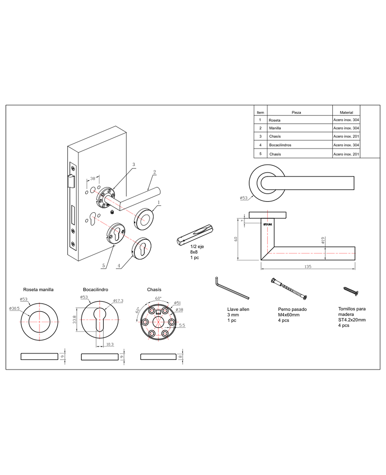 Cerradura de embutir acc princ. Llave ambo lado. Acero inox-2