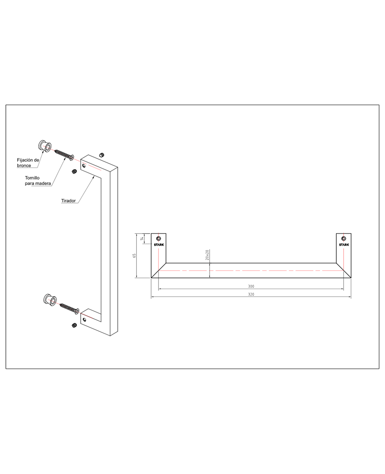 Tirador simple de acero inoxidable 304. Largo 30 cm. Marca Stärk Design-1