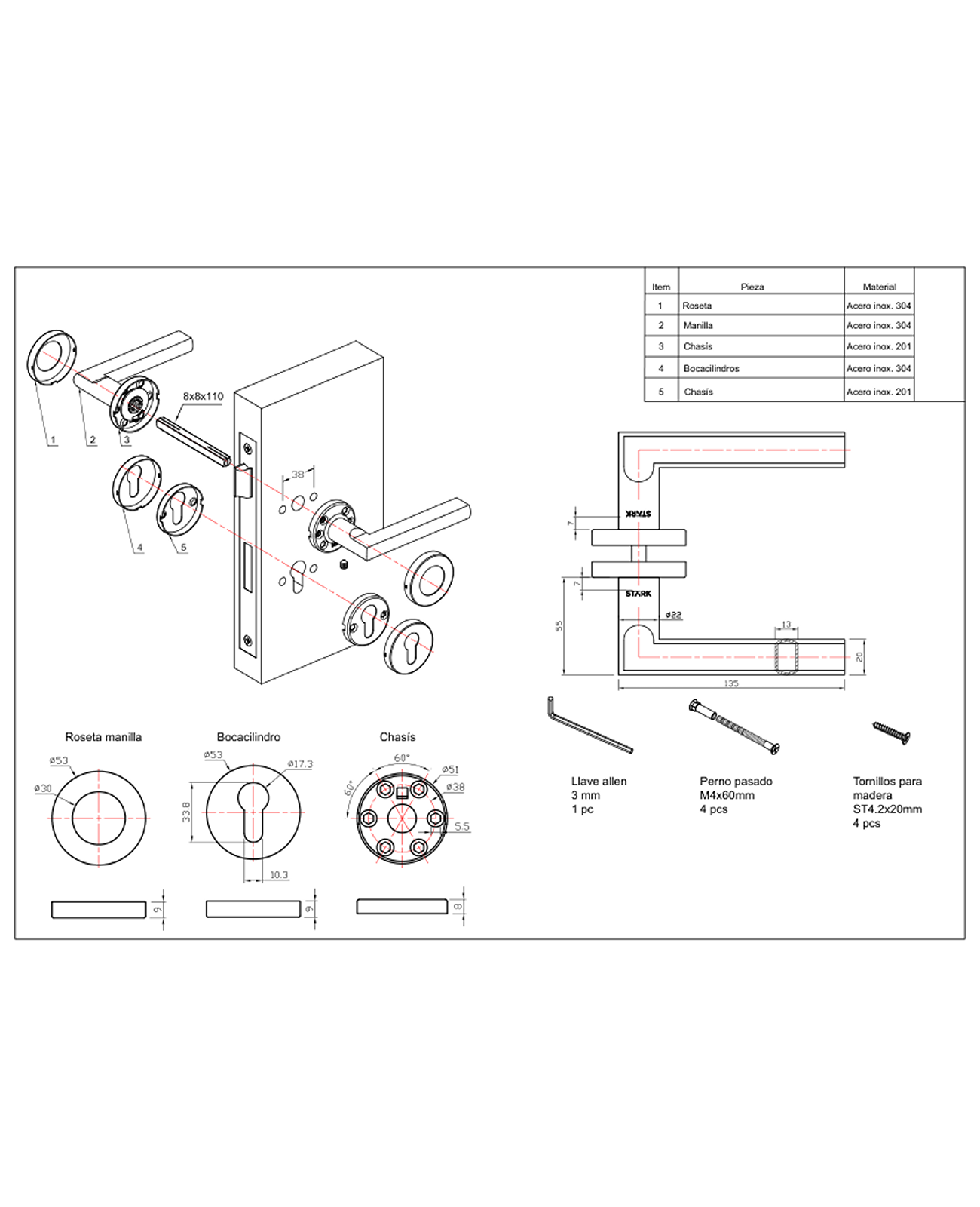 Cerradura acceso con manillas MAITE inox 304-2