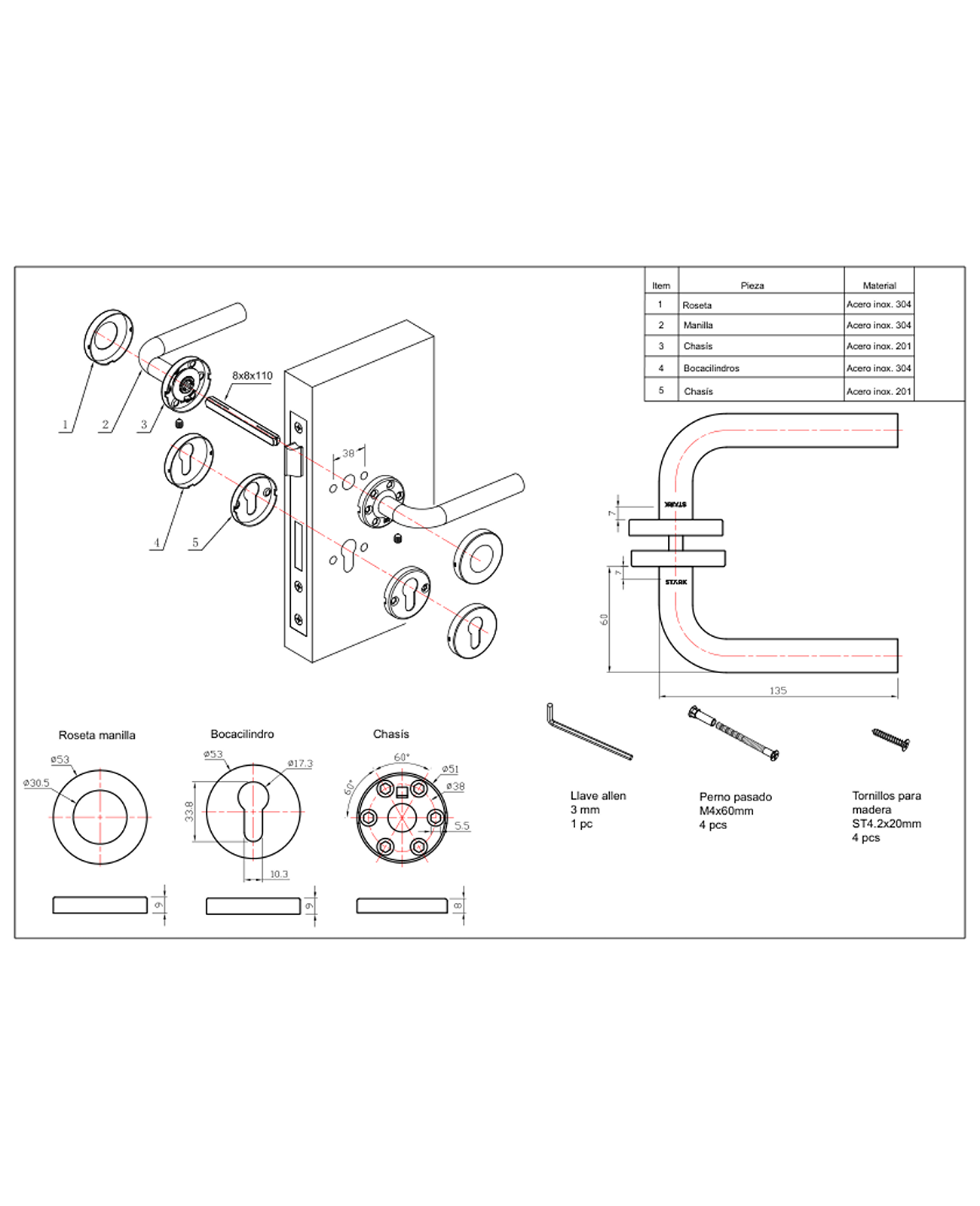 Cerradura de embutir ofi, cocina. Llave ambos lados. A inox-2