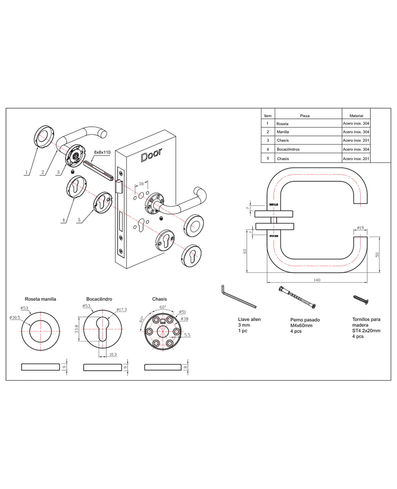 Cerradura de embutir oficina, cocina. Llave ambos lados. Acero Inoxidable-2