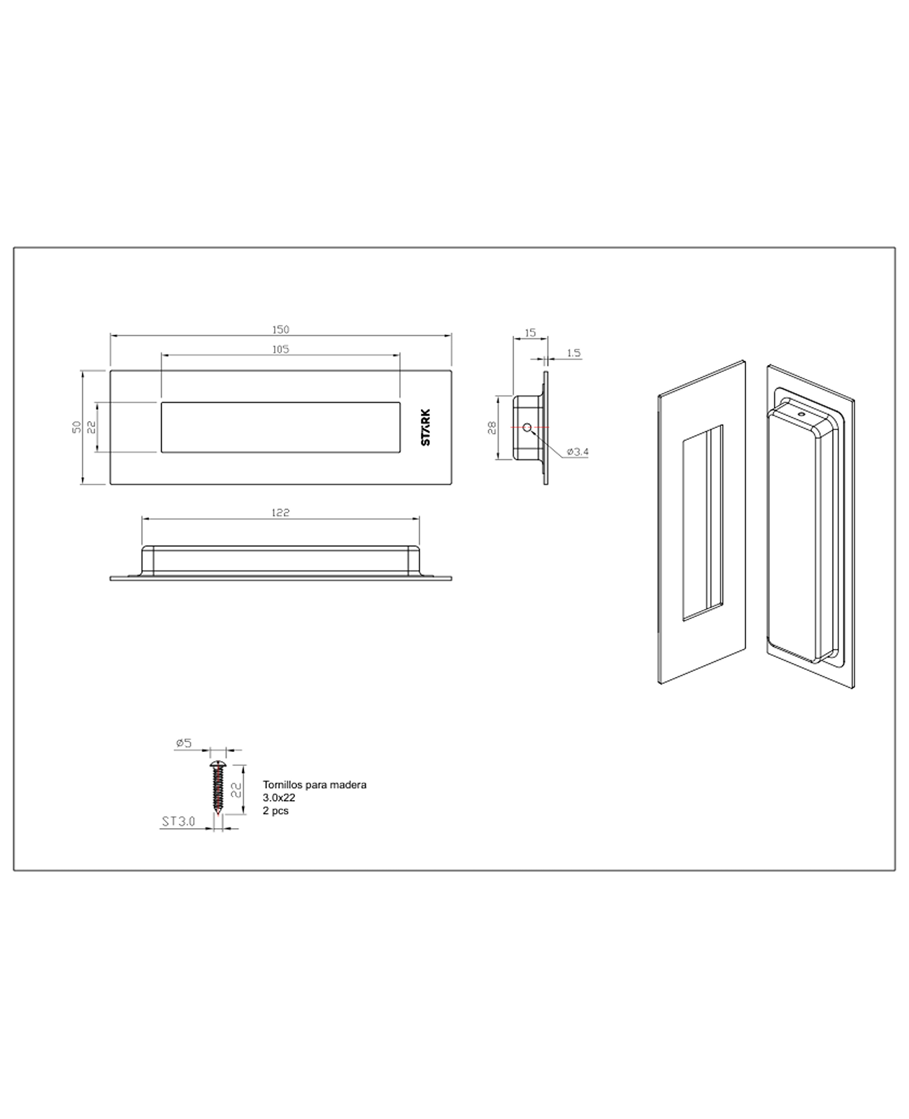 Asa embutida para puertas correderas. Acero inoxidable 304-1