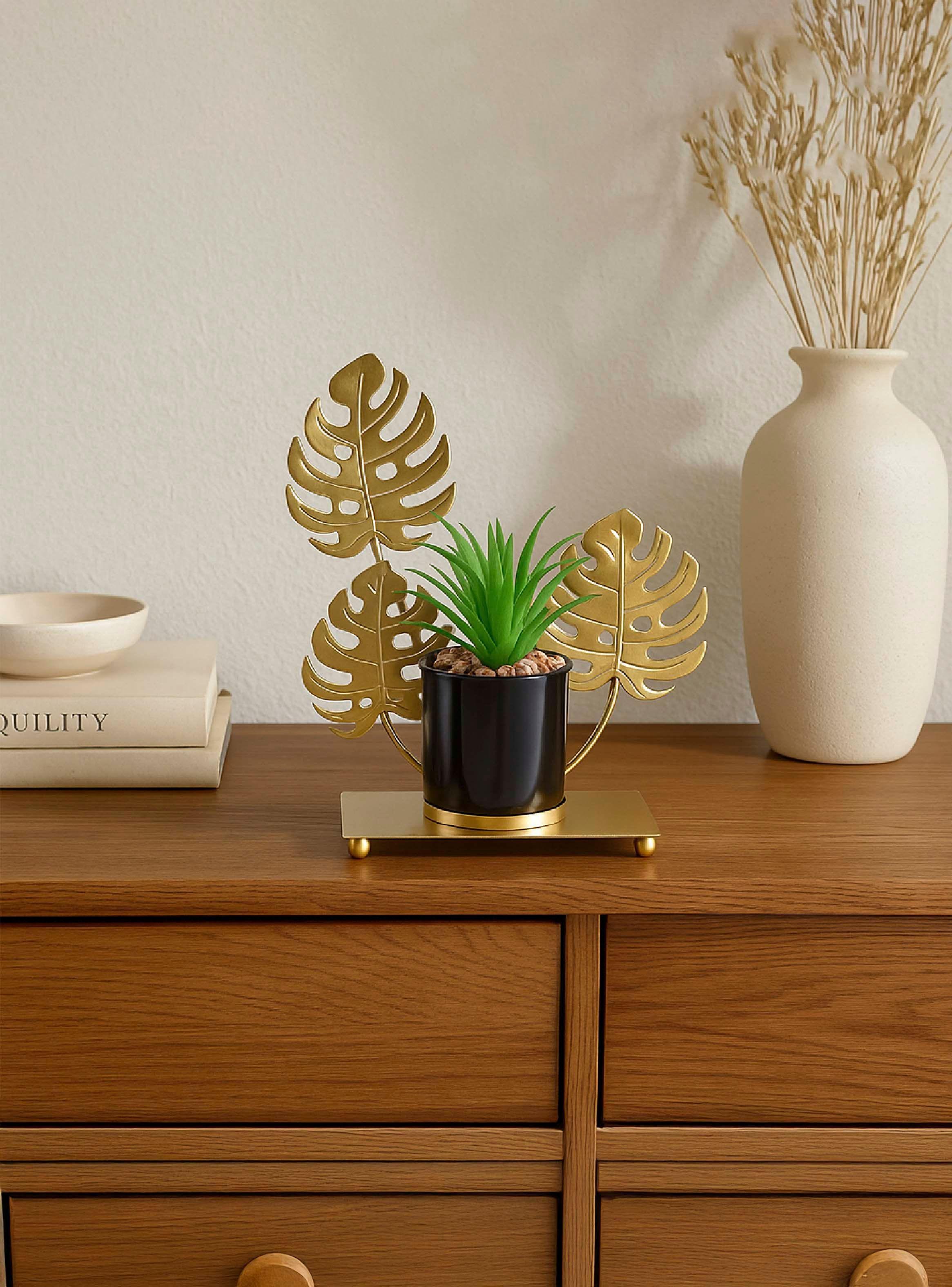 Figura Decorativa Candelabro Hoja con Mini Planta-2