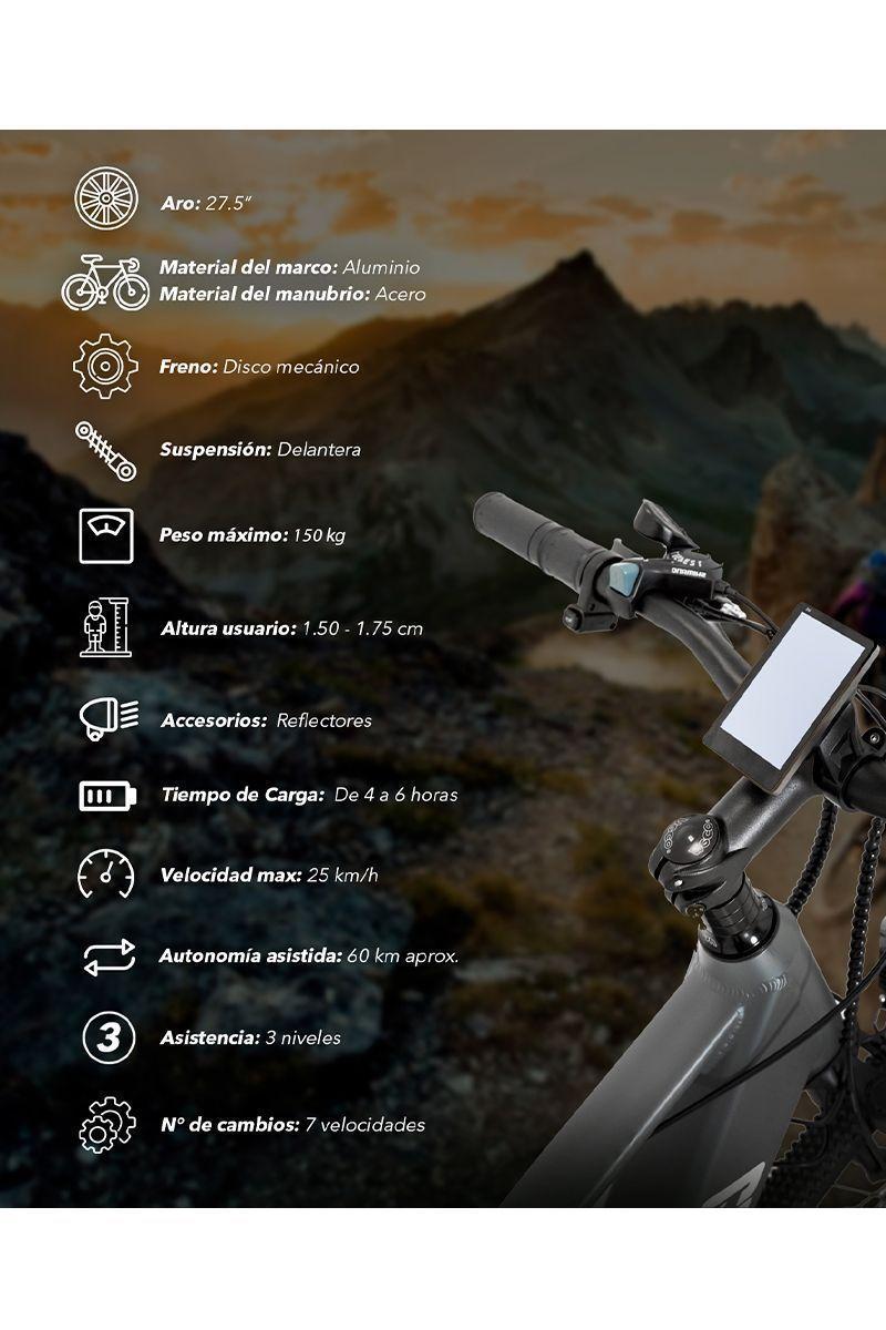 Bicicleta Eléctrica Aro 27.5" Luces LED Gris-3