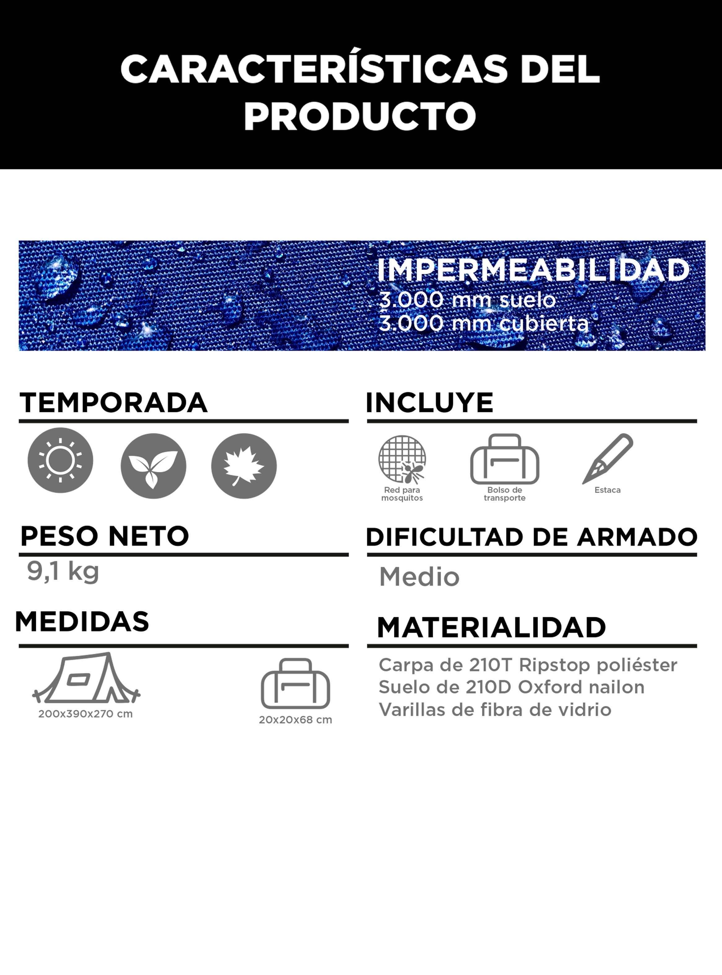 Carpa Camping Yosemite 8 pers. techo largo 3 m doble toldo-4