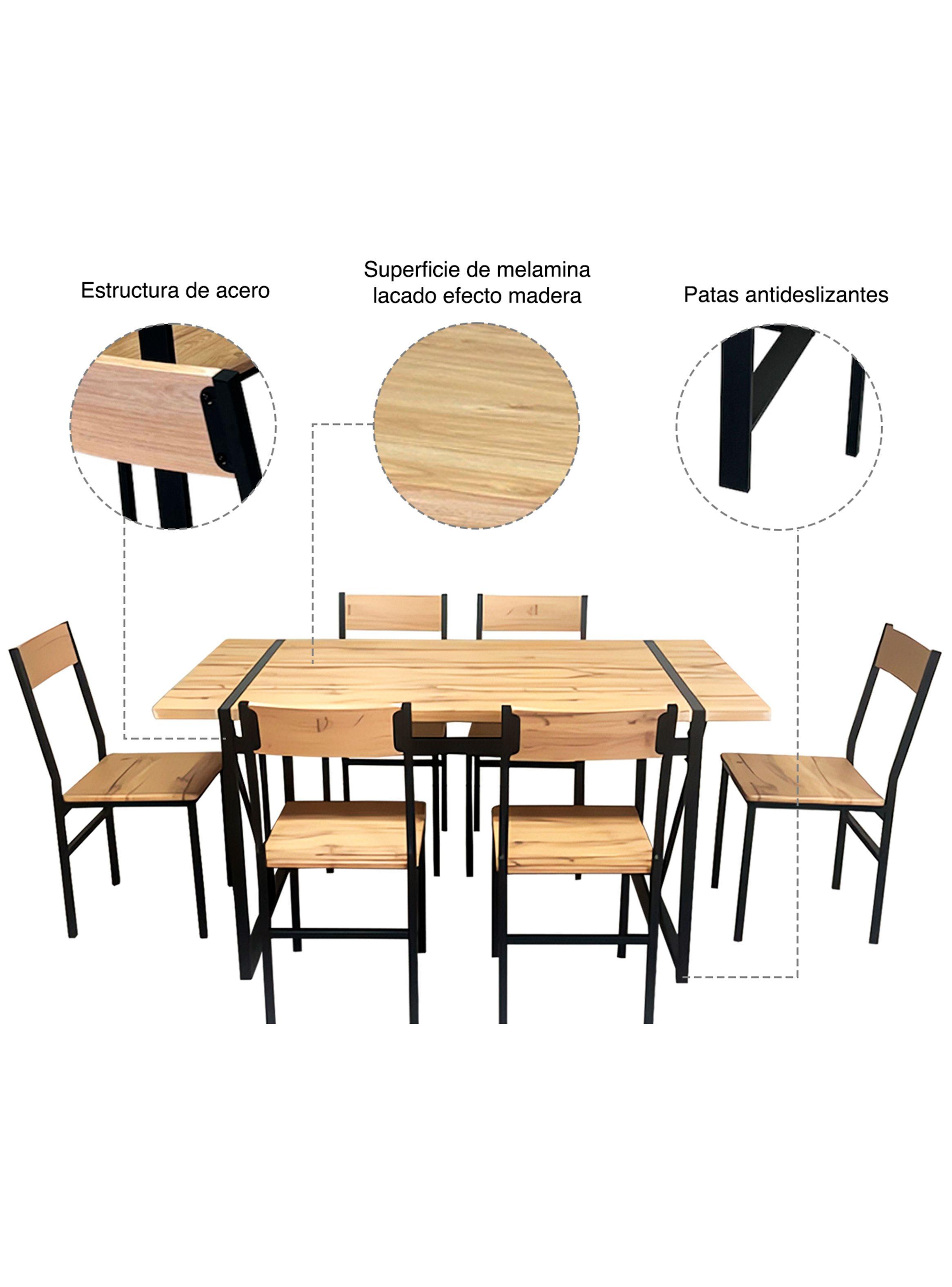 Comedor Mesa 75x80x150 6 Sillas Metal Madera-4