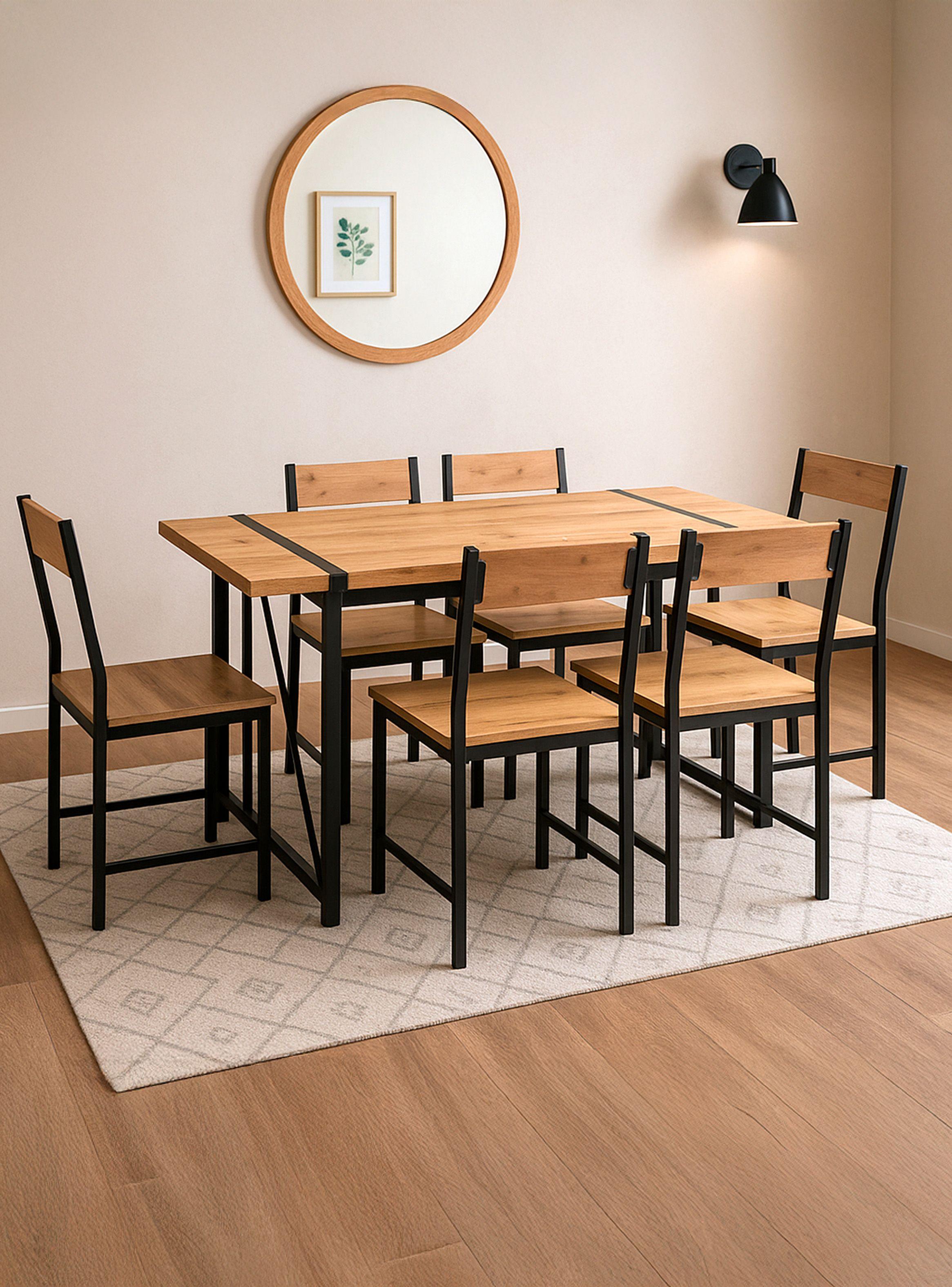Comedor Mesa 75x80x150 6 Sillas Metal Madera-5