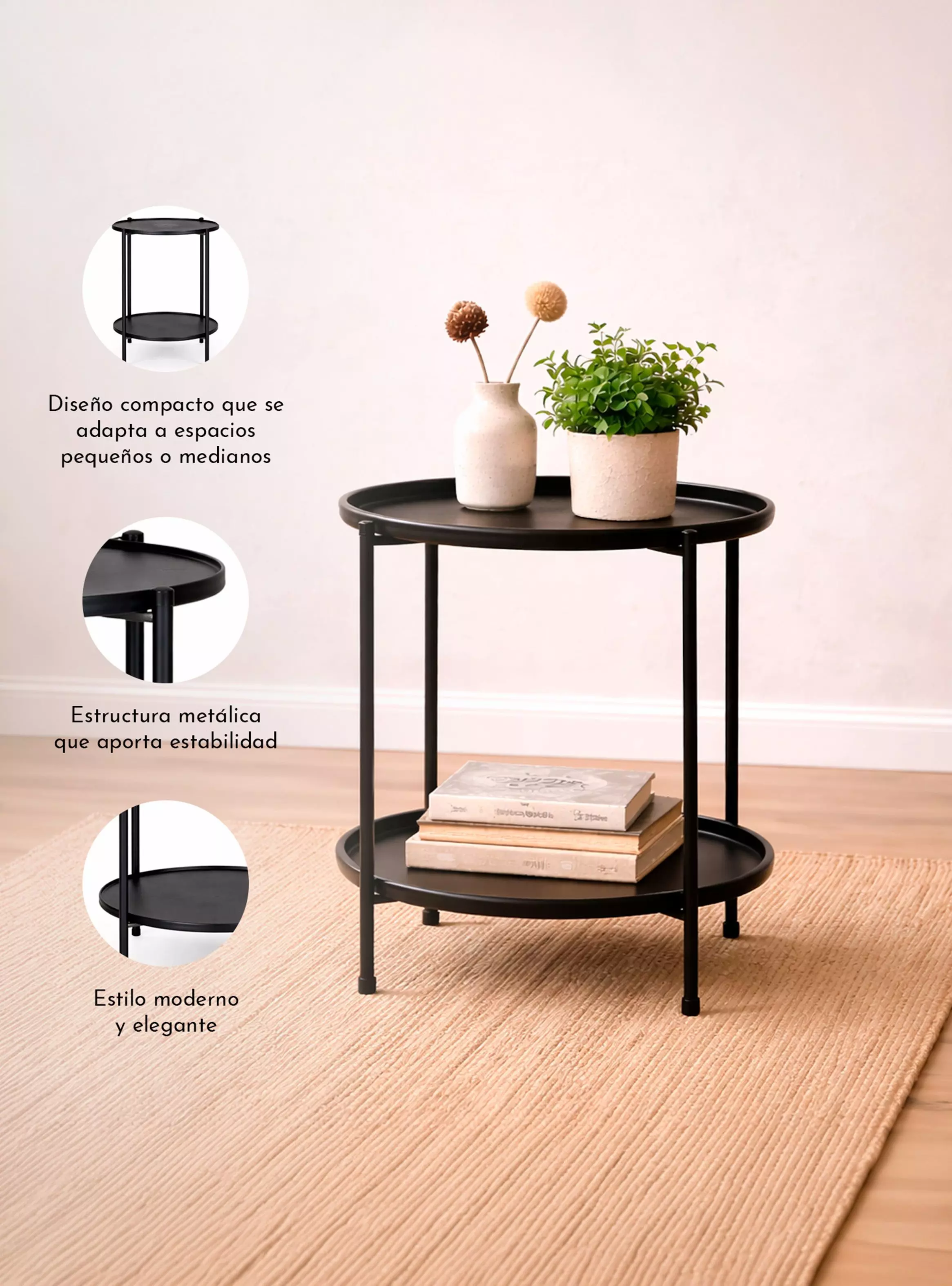 Mesa Lateral metálica con repisa 57x43x43 cm Negro-3
