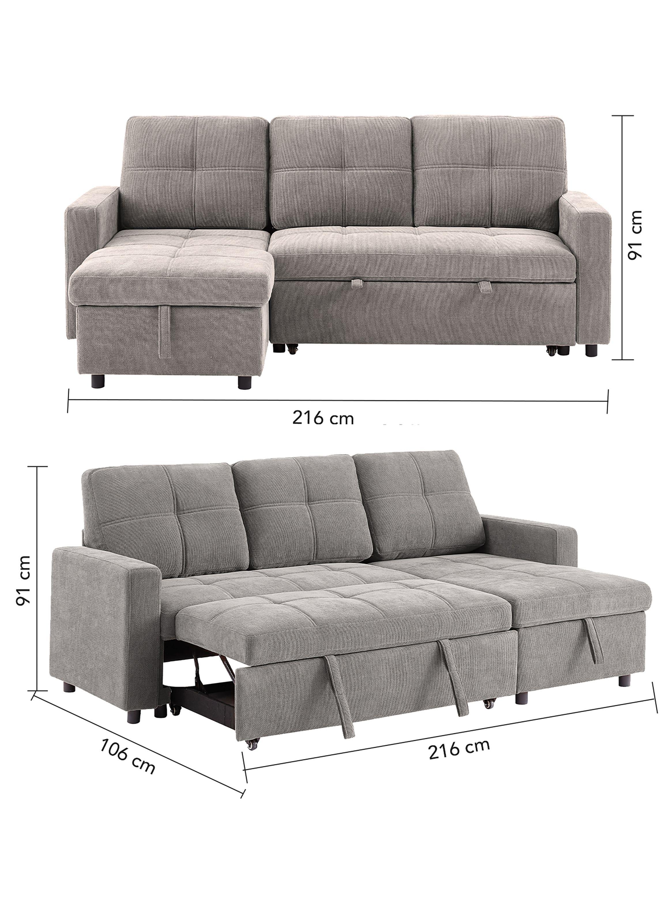 Sofá Cama 3 Cuerpos Gris 216x106x91cm Almacenaje-2