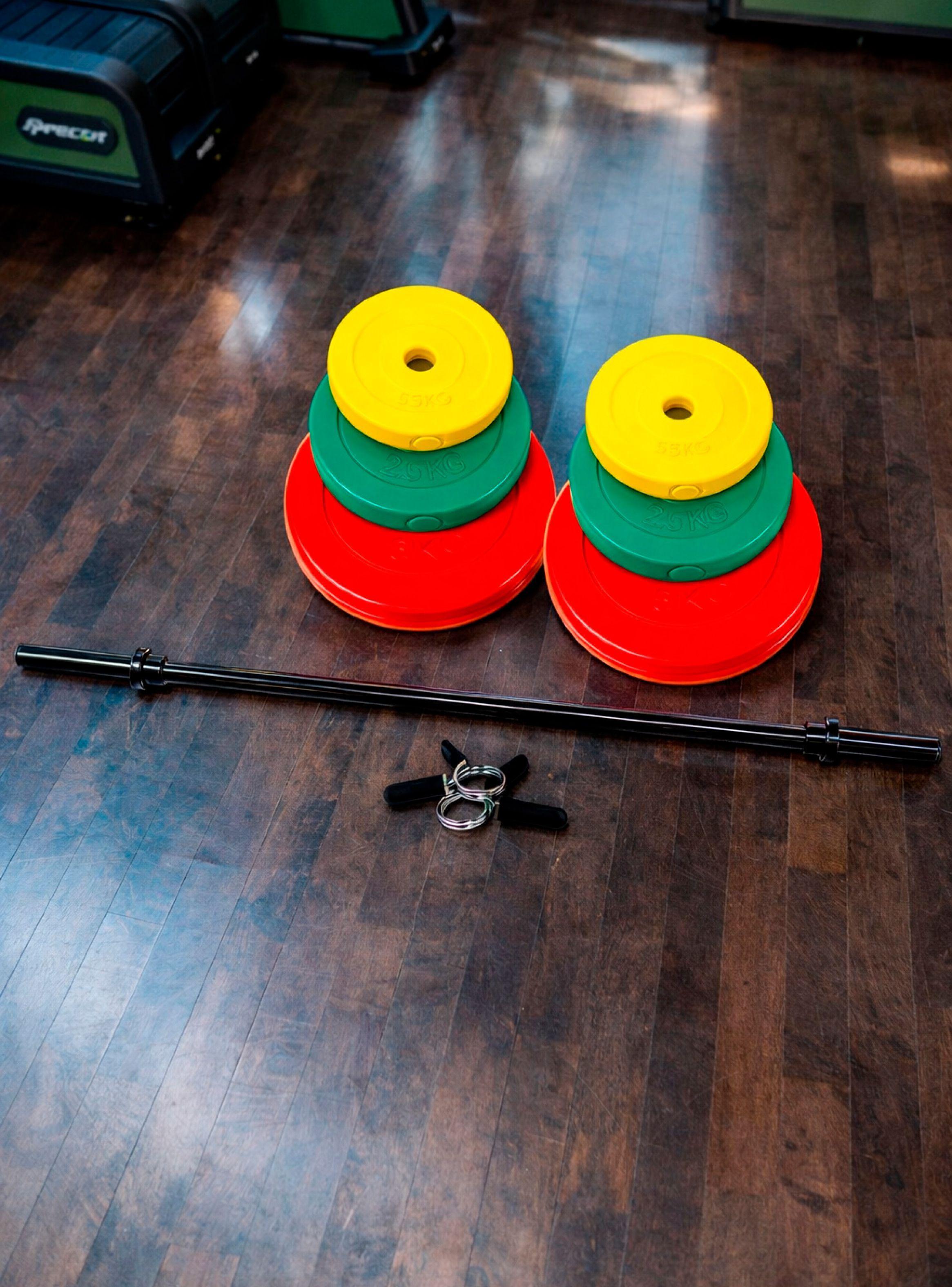 SET PESAS 20 KG BARRA 1.2 MTS + DISCOS DE COLORES-1