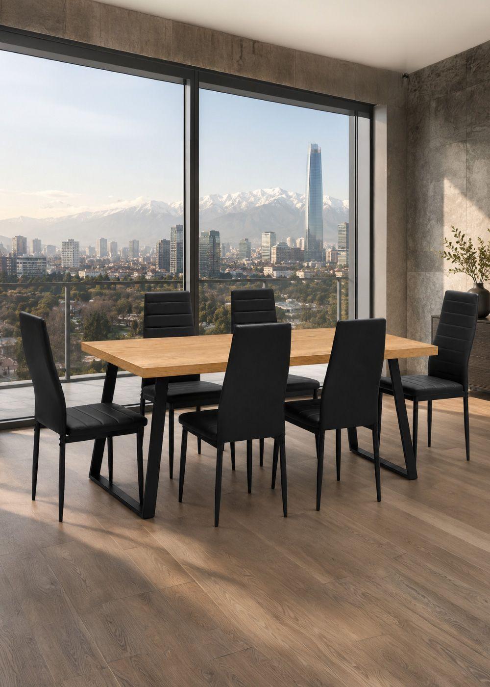 Comedor Chelsea Mesa 75 x 80 x 150 cm + 6 Sillas Pu Negro.-0