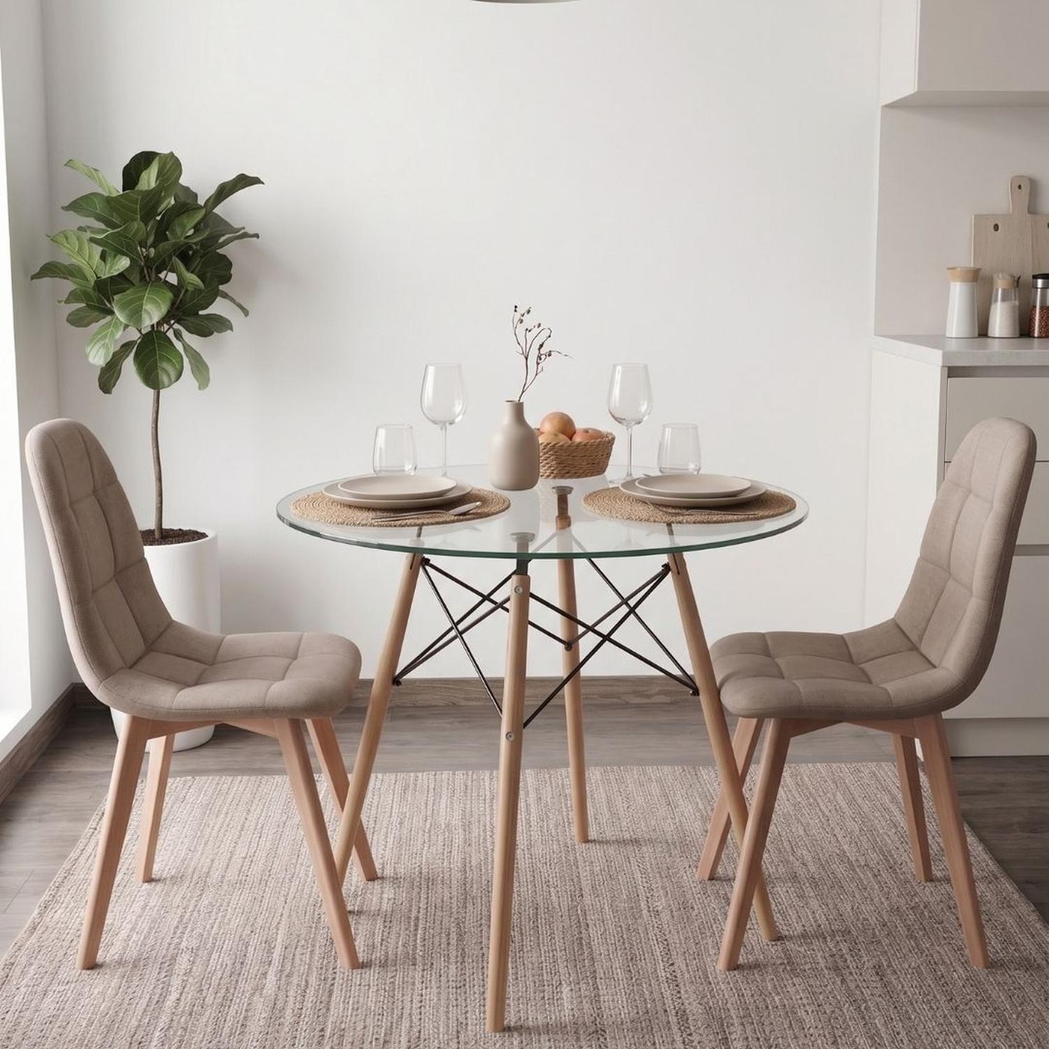 Comedor Mesa Redonda Elida 80cm + 2 Sillas Vorak Lino Beige-1