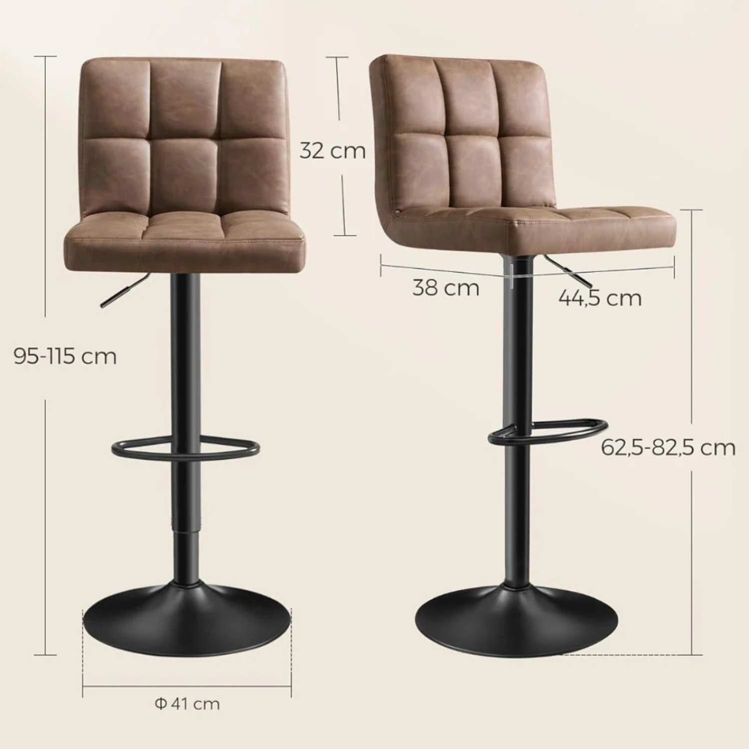 Pack 2 Taburetes Bar Cornell | Eco Cuero Café | Altura Regulable-5