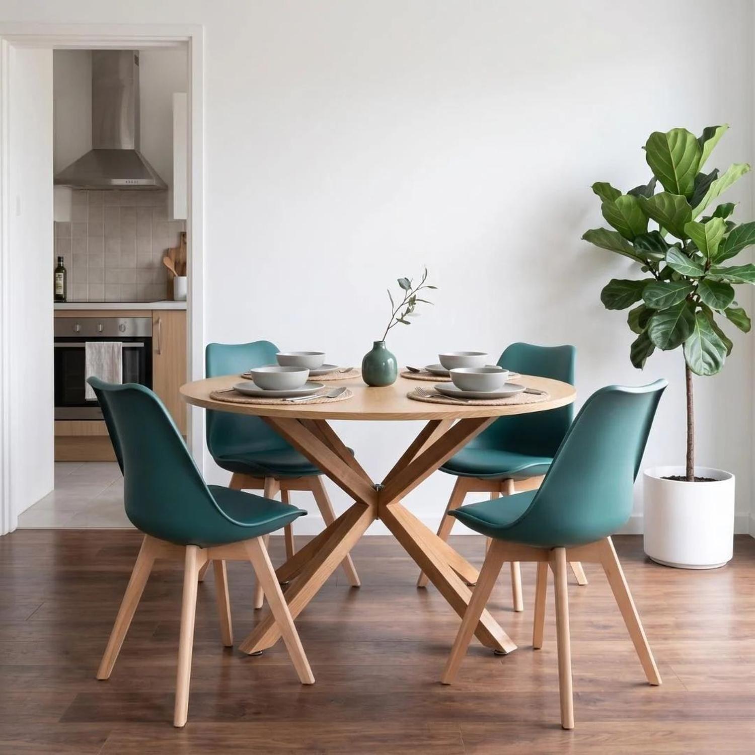 Comedor Mesa Redonda Equiz Wood 100cm + 4 Sillas Tulip Verde Esmeralda-0
